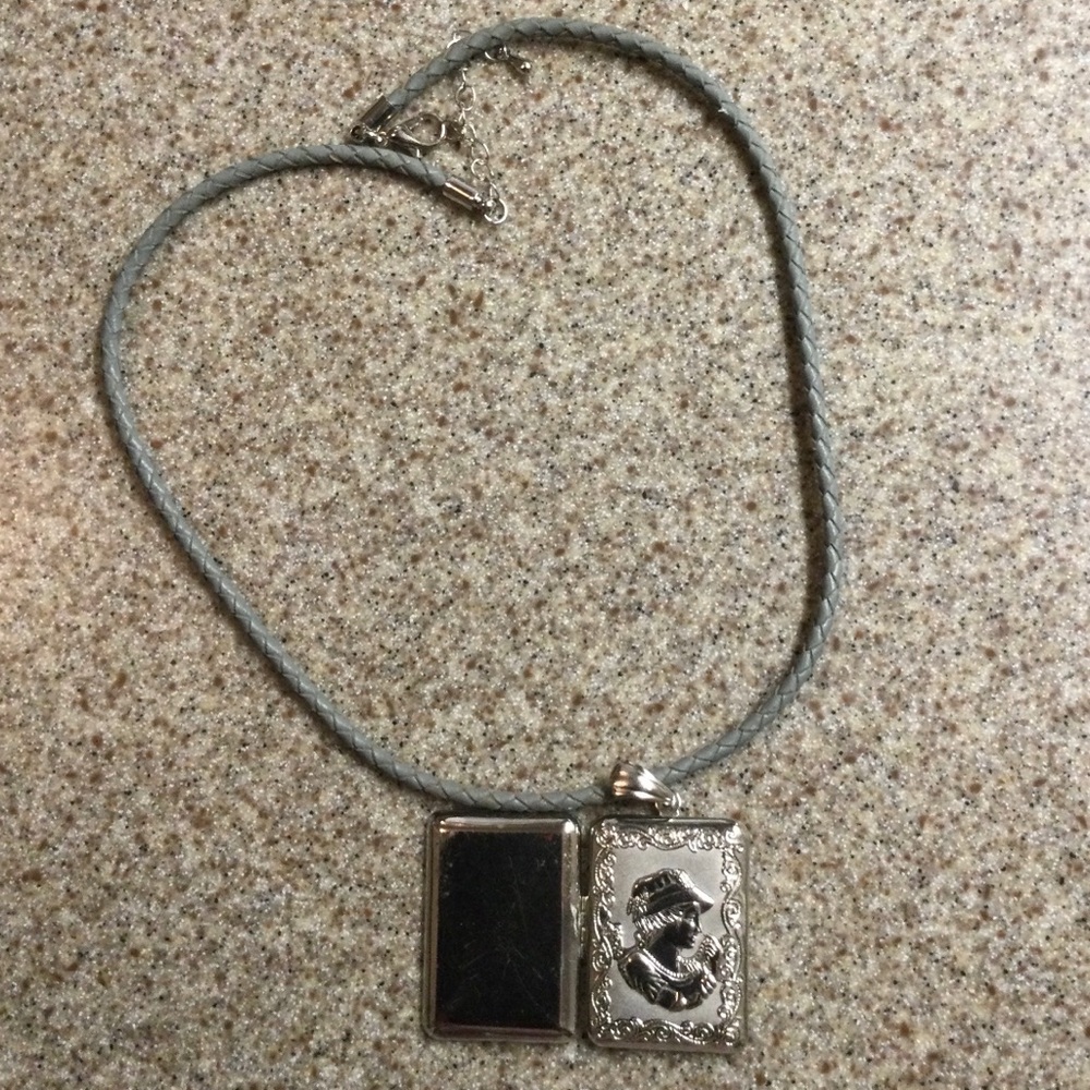 Silver Locket Pendant Necklace in Light Gray